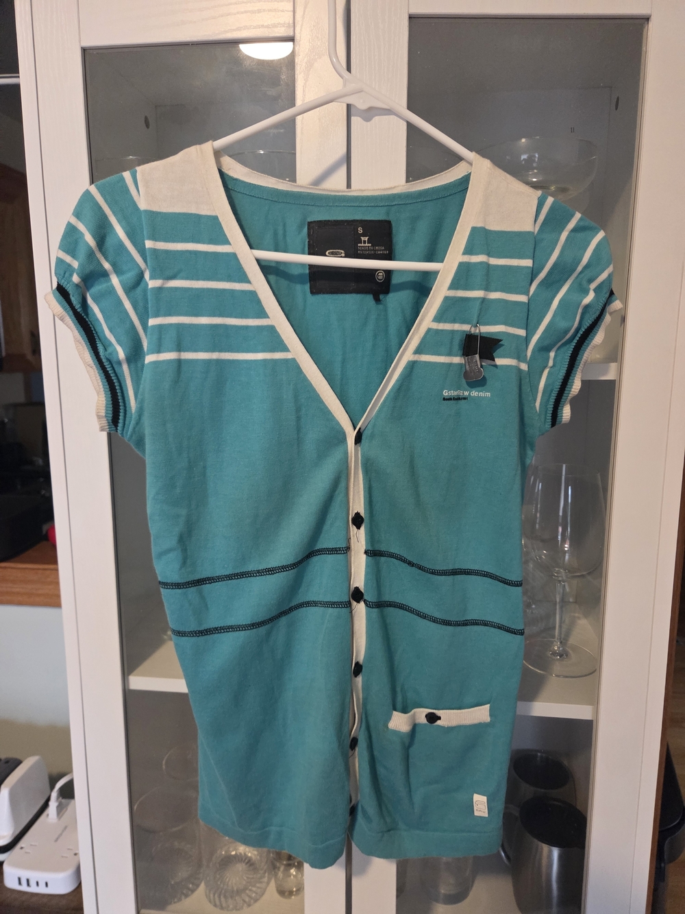 G-Star Teal and Cream Striped Short-Sleeve Button Down Top